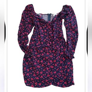 Row A  New Size M Red & Navy Floral Dress Long Puff Sleeves